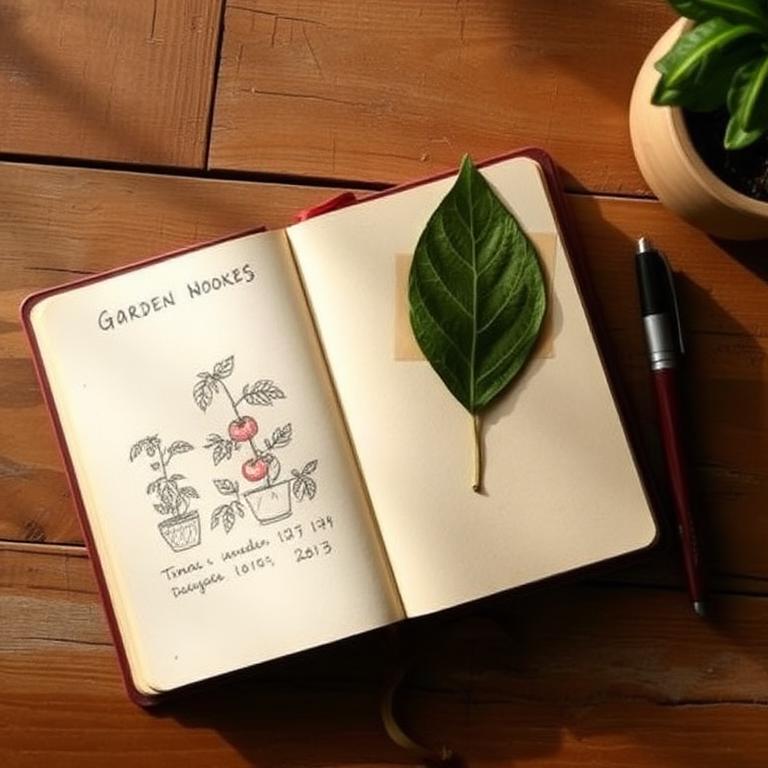 A handwritten garden notebook on a wooden table