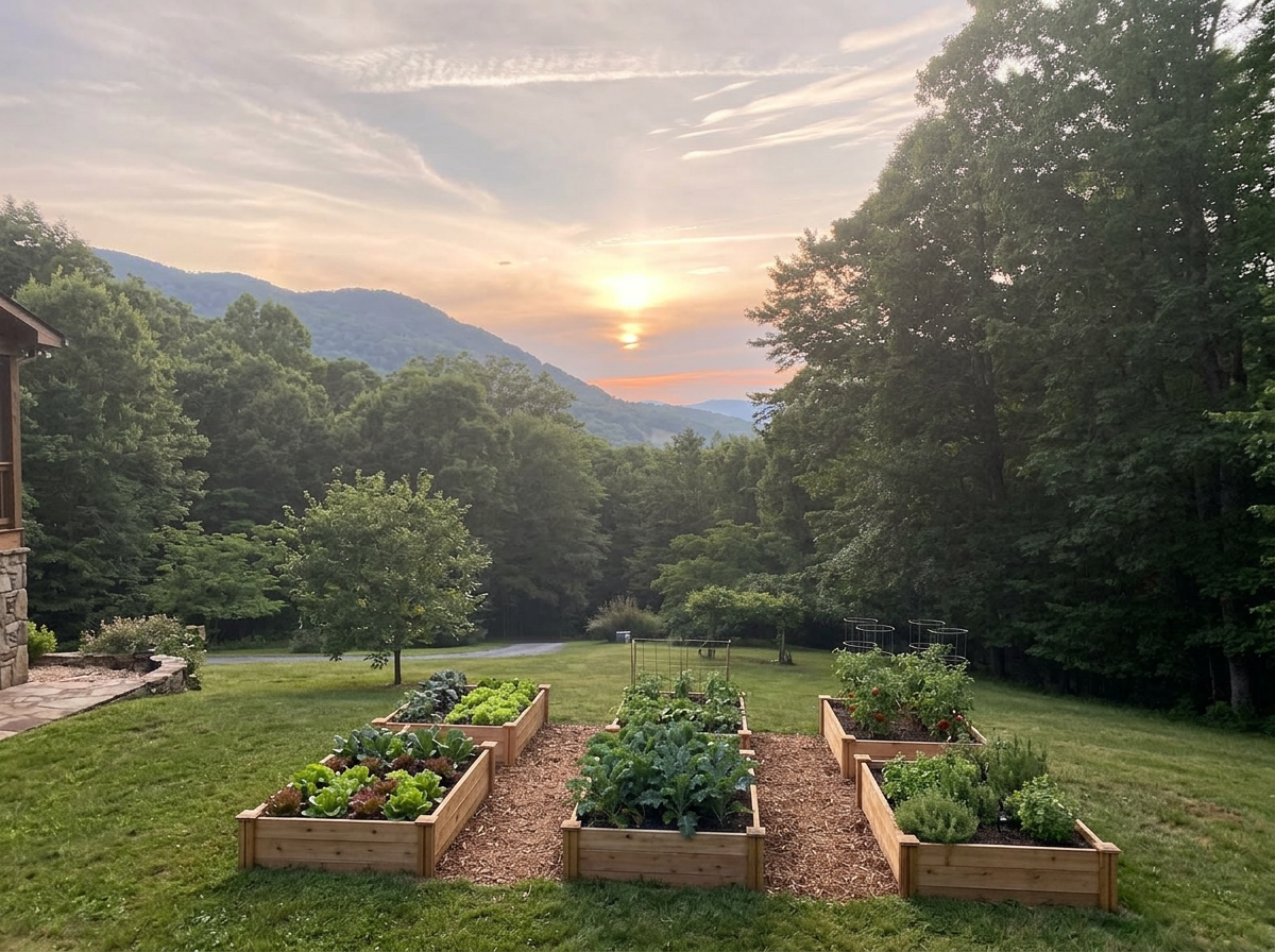 Raised cedar garden beds on a mountain front lawn at sunset in Western North Carolina